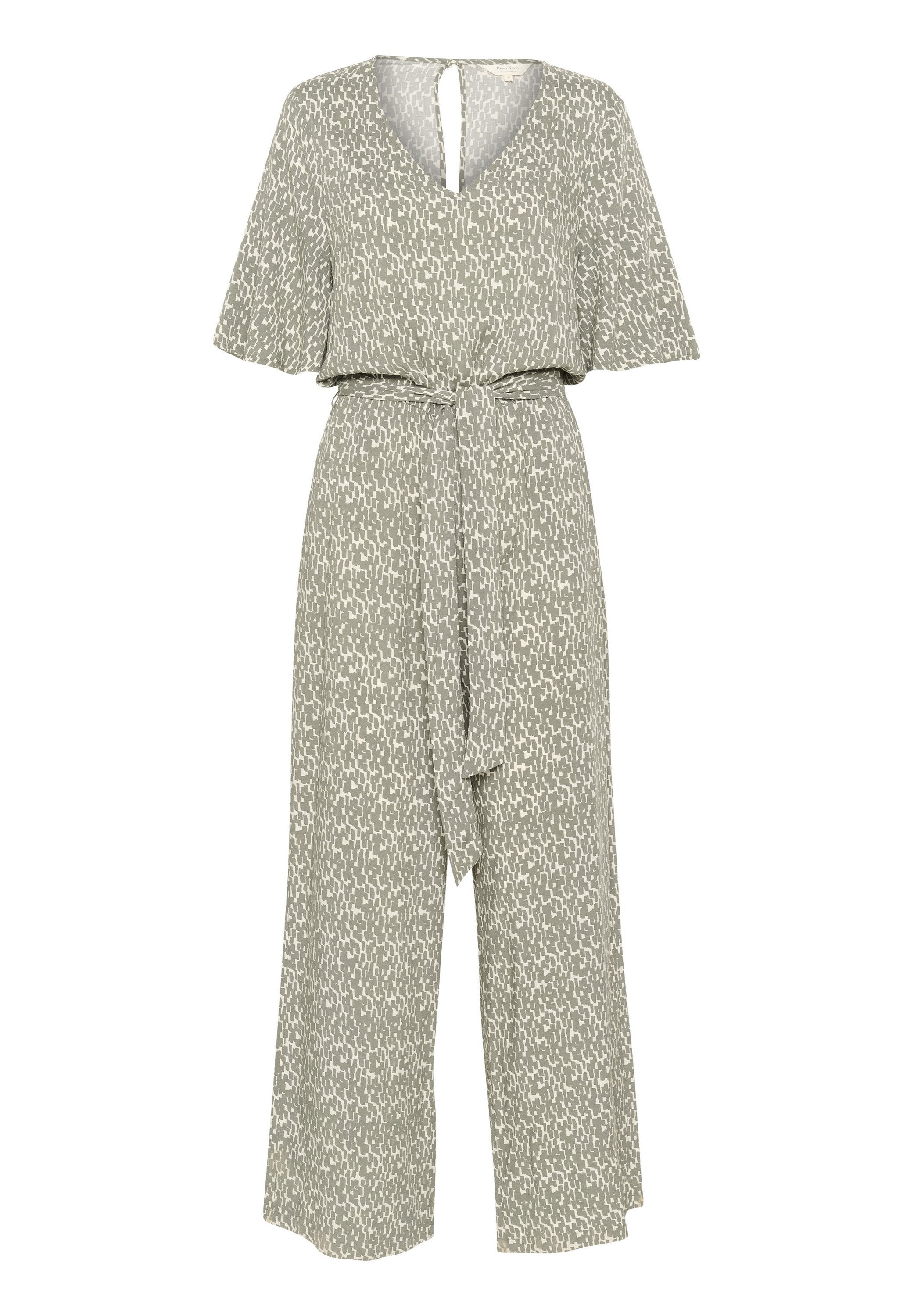Hellgrüner Jumpsuit mit floralem Druck, V-Ausschnitt, kurzen Ärmeln, tailliertem Gürtel und weit geschnittenen Hosenbeinen. Verfügt über ein Schlüsselaugen-Detail auf der Rückseite.