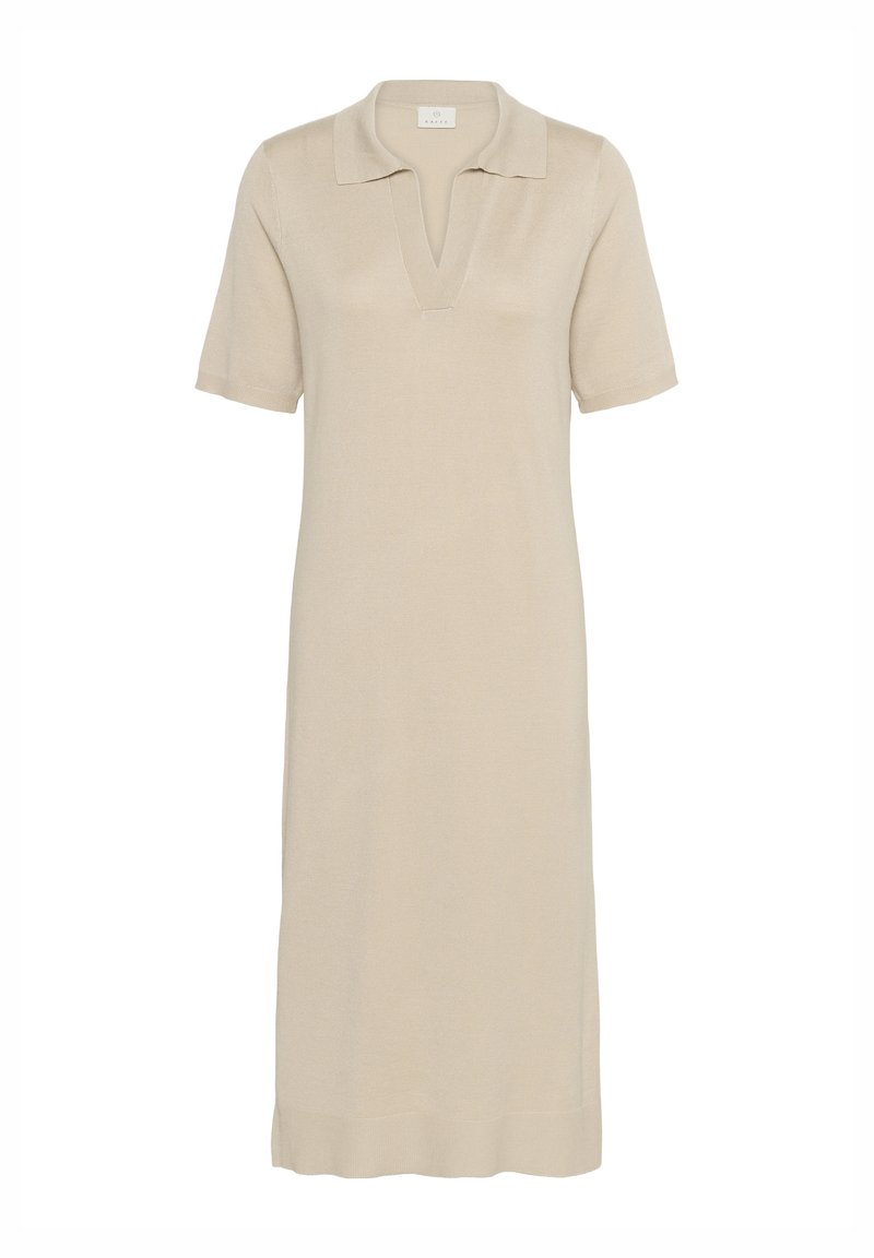 Beige Strickkleid mit kurzen Ärmeln, einem Polo-Kragen und einem V-Ausschnitt. Gerade Silhouette und knielange mit einem einfachen Saum.