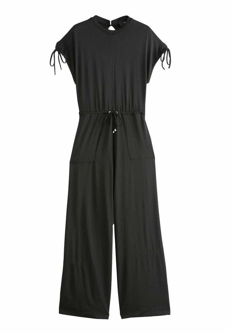 Schwarzer Jumpsuit mit kurzen Ärmeln, Kordelzug an der Taille, weitem Bein, Fronttaschen und gebundenen Ärmel-Details.
