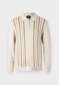 Beige Strickpullover mit senkrechten braunen Streifen, Kragen und langen Ärmeln. Weiche Textur mit lockerer Passform.
