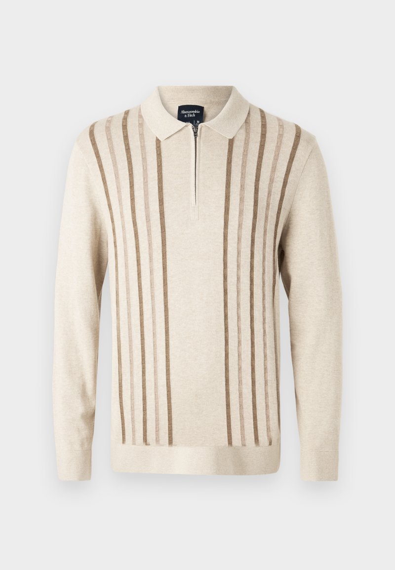 Beige Strickpullover mit senkrechten braunen Streifen, Kragen und langen Ärmeln. Weiche Textur mit lockerer Passform.