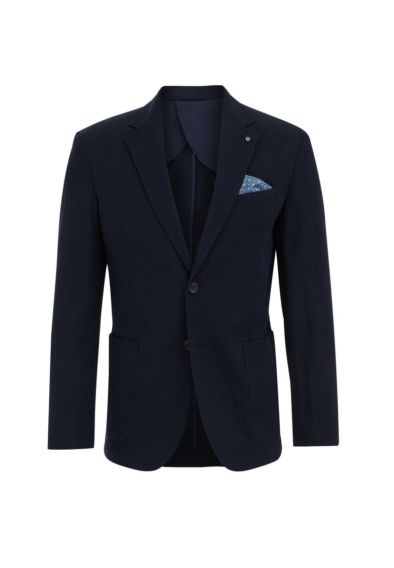 Marineblaues Jackett aus strukturiertem Stoff, mit zwei Vordertaschen und einem gemusterten Taschen Quadrat. Enthält zwei Knöpfe und ein breites Kragen Design.