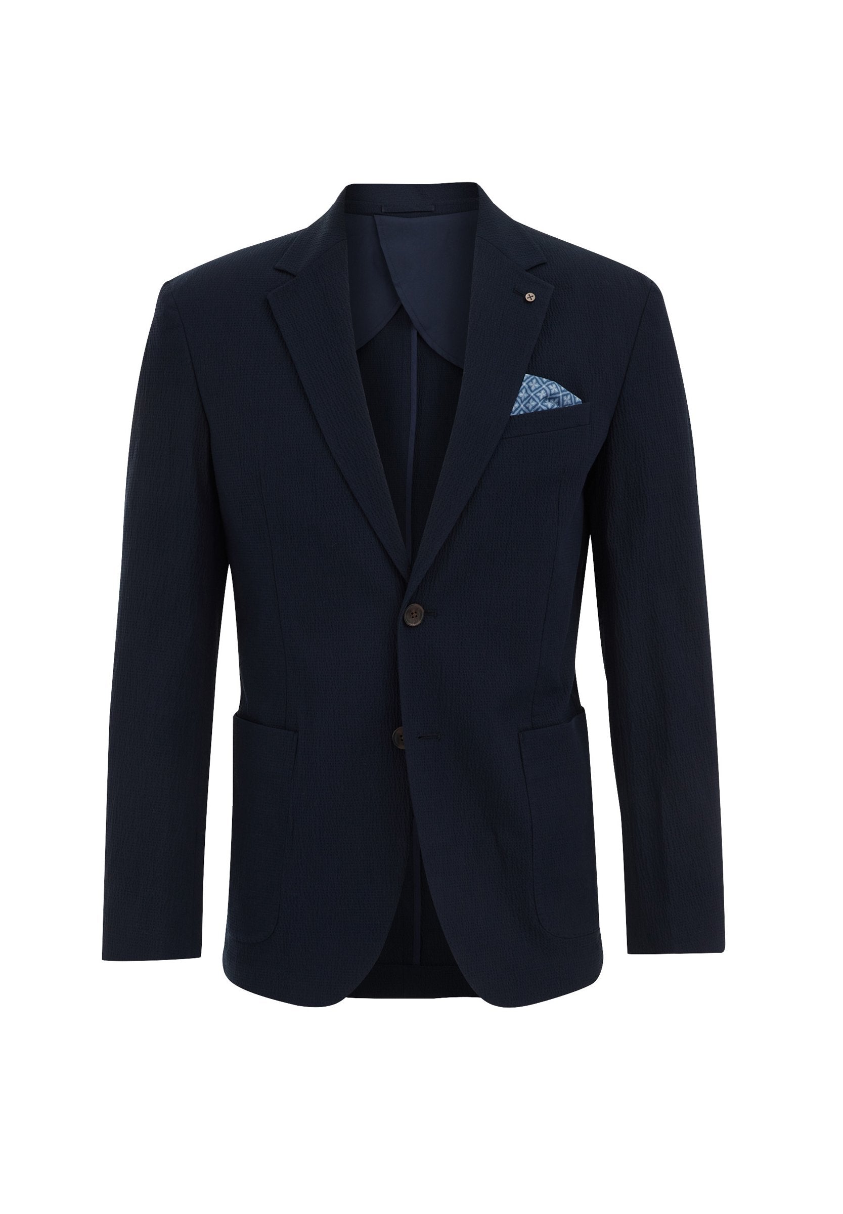 Marineblaues Jackett aus strukturiertem Stoff, mit zwei Vordertaschen und einem gemusterten Taschen Quadrat. Enthält zwei Knöpfe und ein breites Kragen Design.