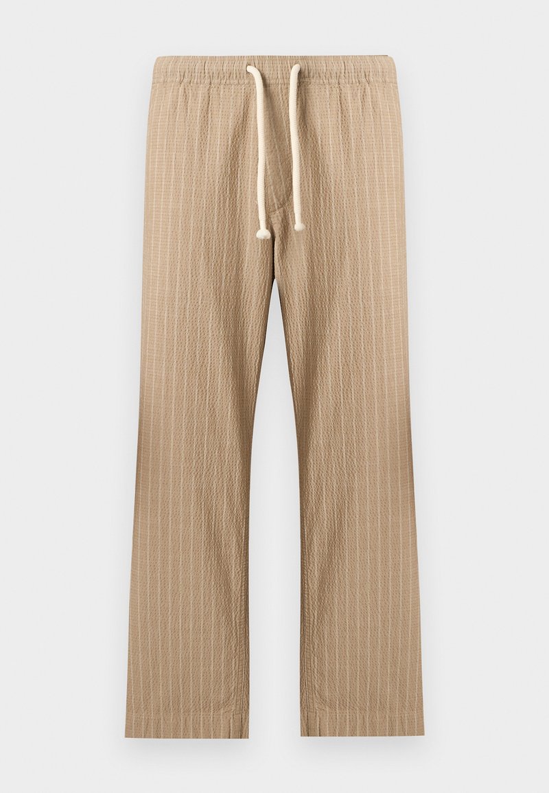Beige leichte Hose mit vertikalen Streifen, elastischem Bund und weißem Kordelzug, gerader Beinschnitt.