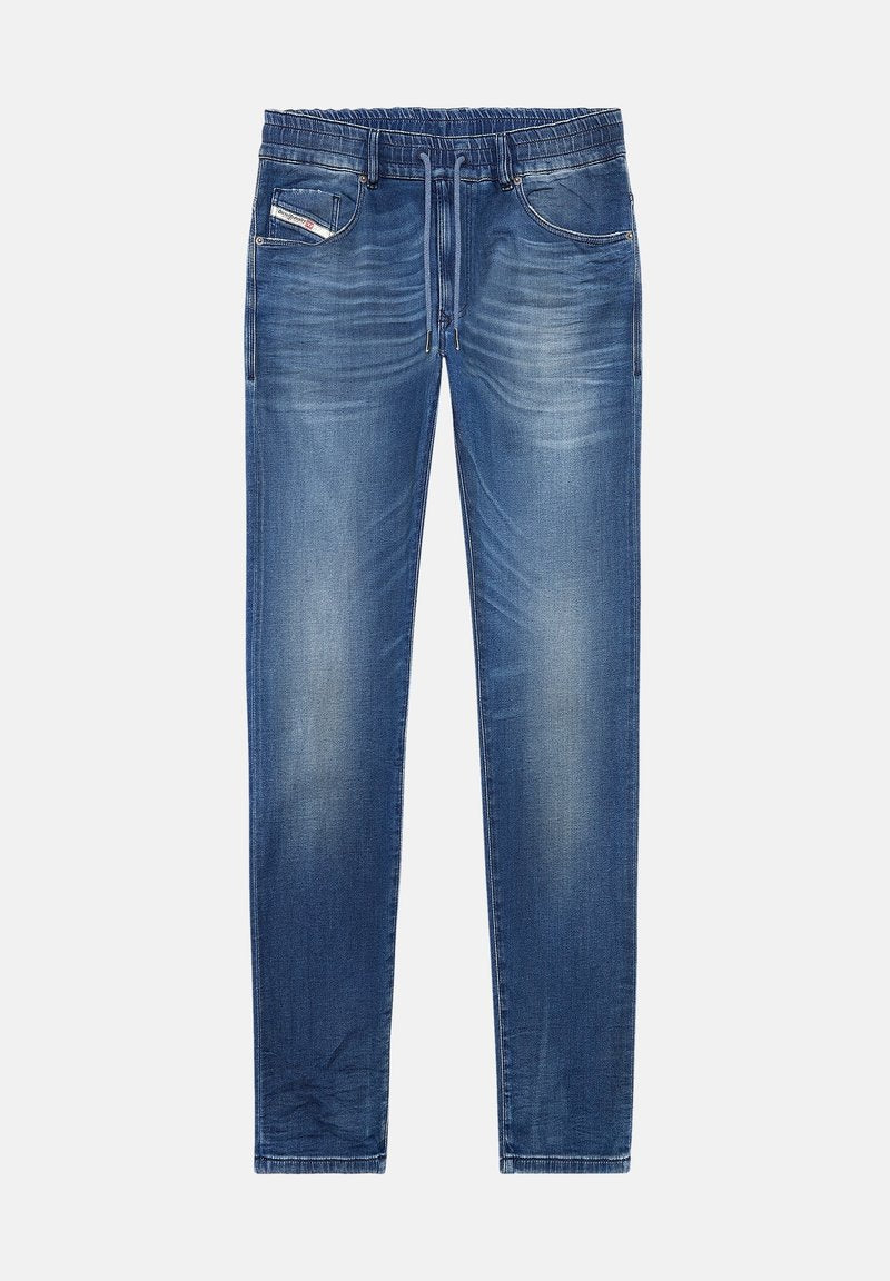 Denim-Jogginghose in Mittelblau, mit elastischem Bund, Kordelzug und dezentem Verblassen, ausgestattet mit fünf Taschen, darunter einer Vordertasche für Münzen.