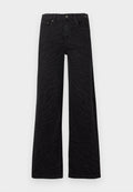 Schwarze hochtaillierte Hose mit weitem Bein und dezenten dunklen Zebrastrifen, vorn mit Knöpfen und Reißverschluss sowie im Fünf-Taschen-Stil auf weißem Hintergrund.