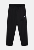 Schwarze Sporthose mit elastischem Bund, aus strukturiertem Stoff und einem kleinen weißen Logo am linken Oberschenkel.