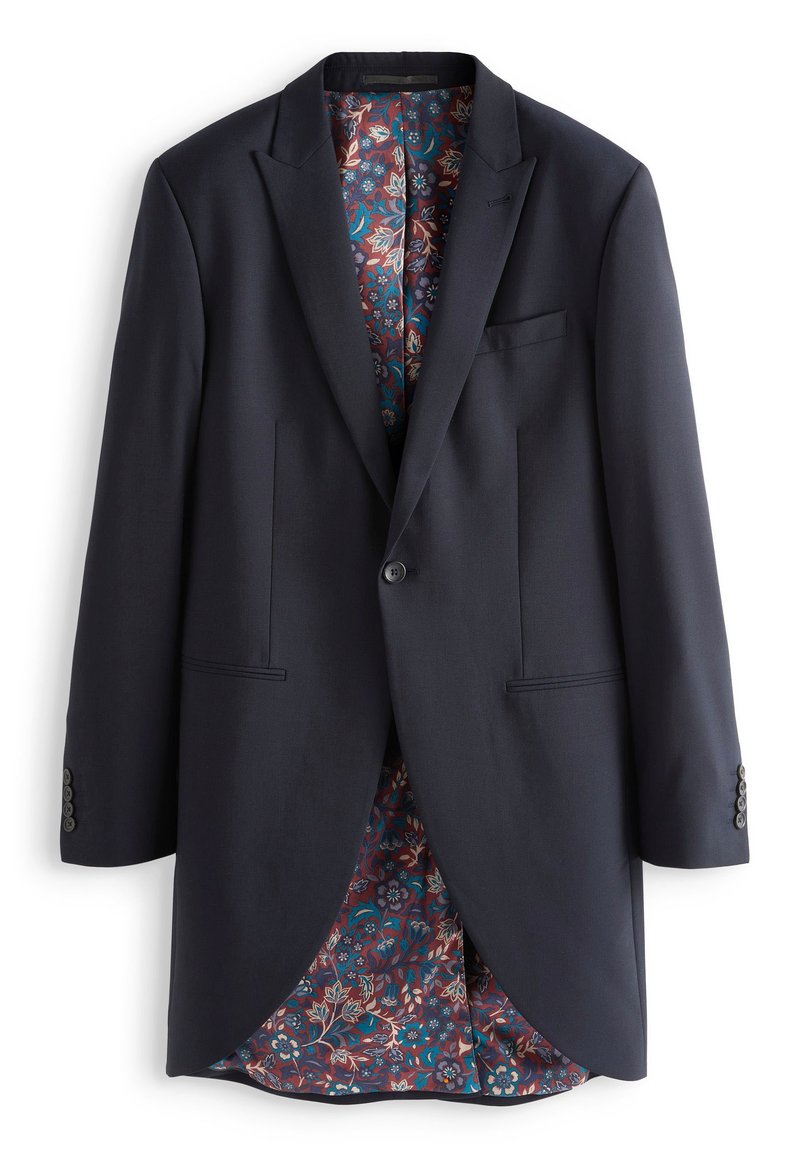 Marineblazer mit zwei vorderen Taschen, Ein-Knopf-Verschluss und Blumenmuster-Futter in Rot, Blau und Weiß. Glatte Stoffstruktur.