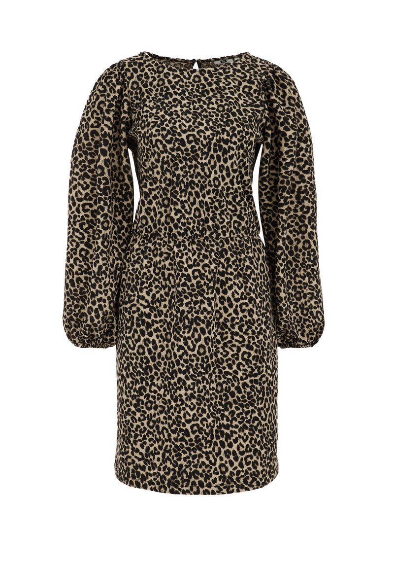 Leopardenmuster Kleid in Beige und Schwarz. Verfügt über lange Puffärmel, runden Ausschnitt und eine geraffte Taille. Weicher Stoff mit leichtem Struktur.