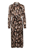 Langärmliges Kleid mit einem strukturierten, wirbelnden Muster aus Schwarz, Braun und Rosa. Verfügt über einen Kragen, Knöpfe und eine taillierte Taille mit Gürtel.