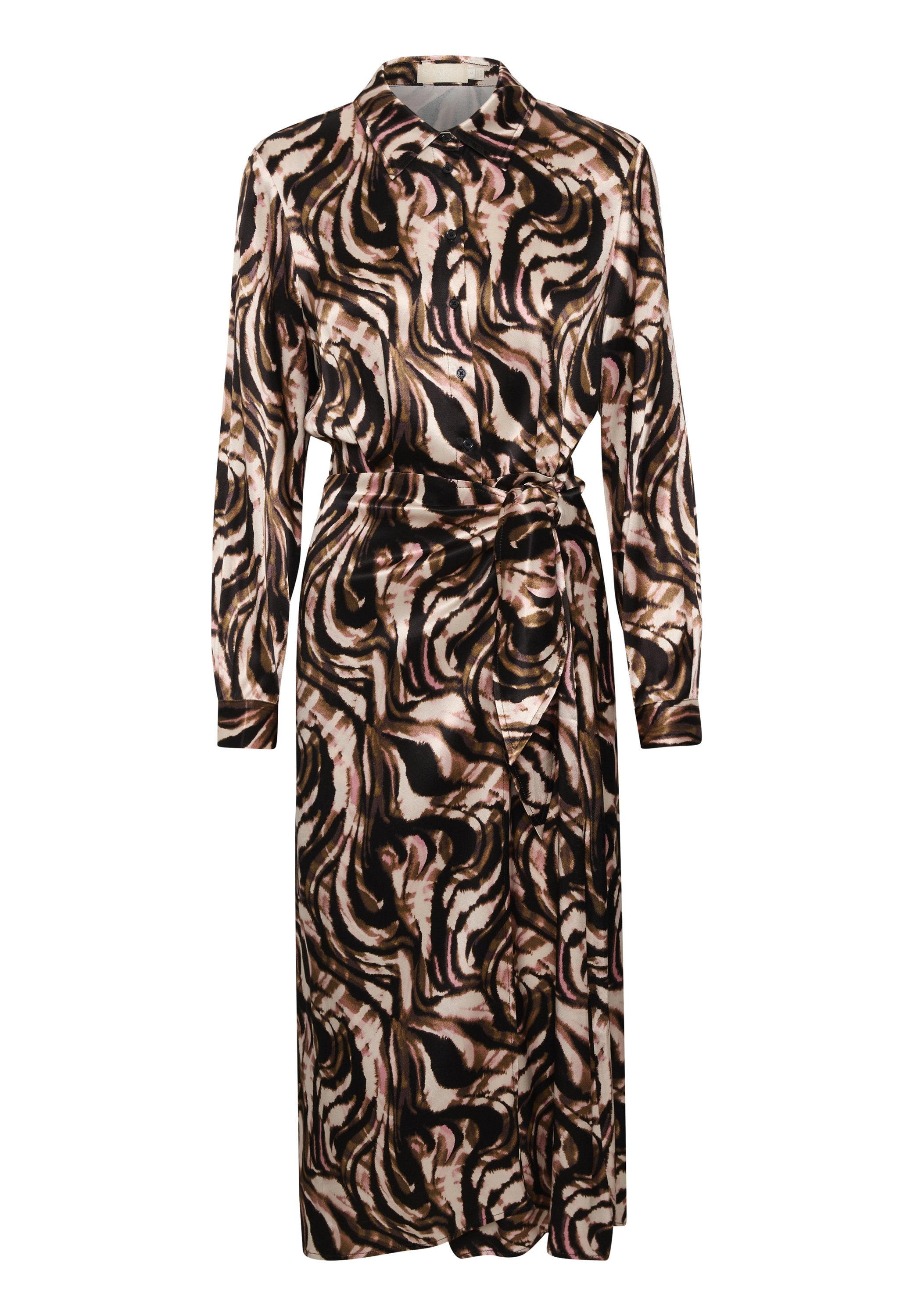 Langärmliges Kleid mit einem strukturierten, wirbelnden Muster aus Schwarz, Braun und Rosa. Verfügt über einen Kragen, Knöpfe und eine taillierte Taille mit Gürtel.