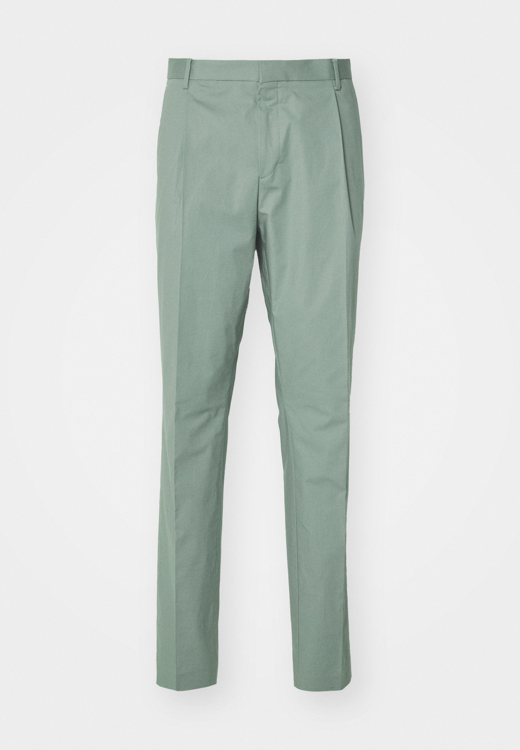 Hellgrüne Hose mit schnurgeradem Schnitt, flachem Bund, zwei seitlichen Taschen und einer glatten Stoffoberfläche. Keine sichtbaren Muster oder Beschläge.