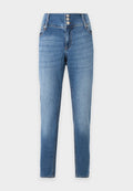Blaue Skinny-Jeans mit hoher Taille, drei vorderen Metallknöpfen, Seitentaschen und ausgewaschenen Details an Oberschenkeln und Knien.