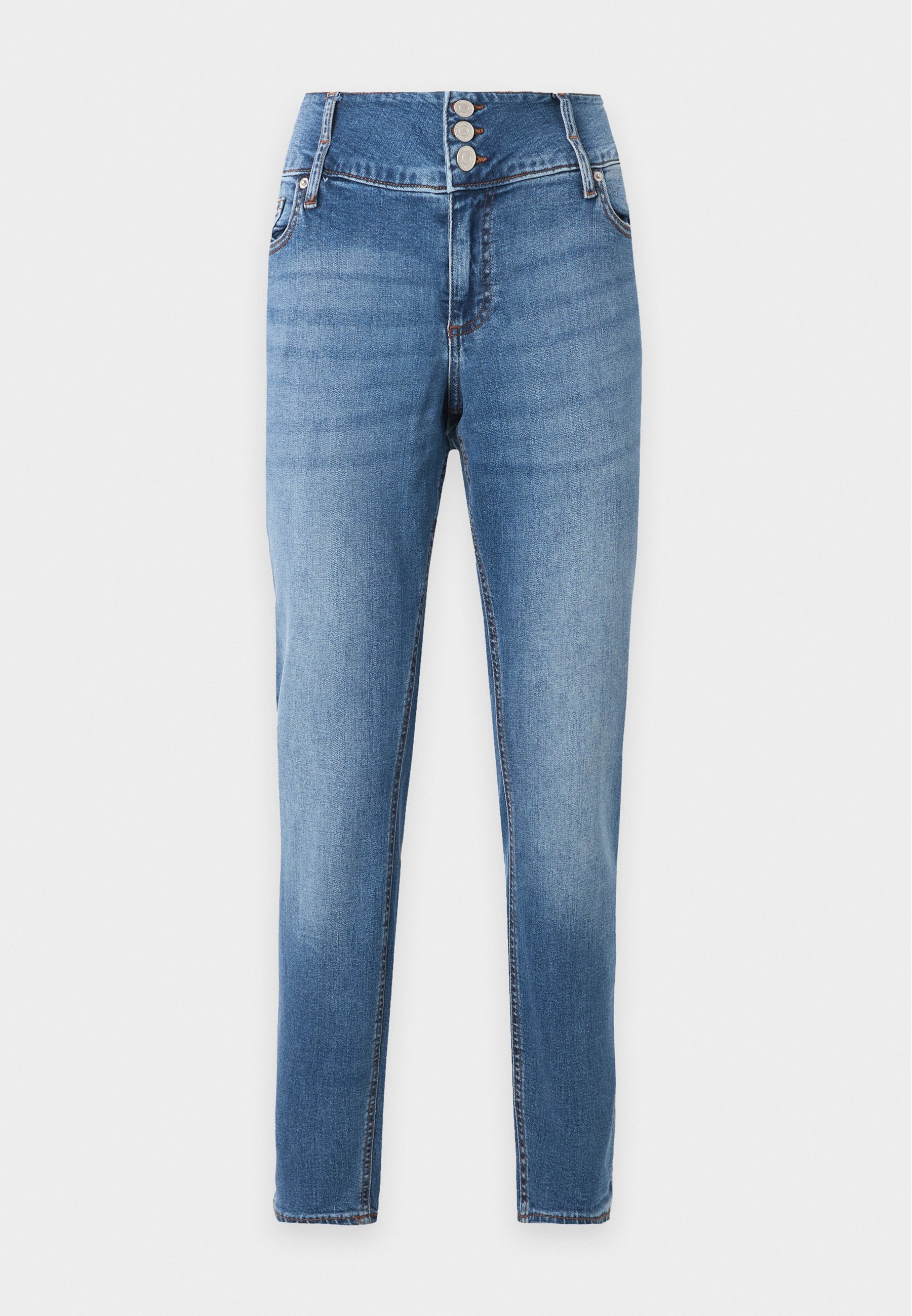 Blaue Skinny-Jeans mit hoher Taille, drei vorderen Metallknöpfen, Seitentaschen und ausgewaschenen Details an Oberschenkeln und Knien.