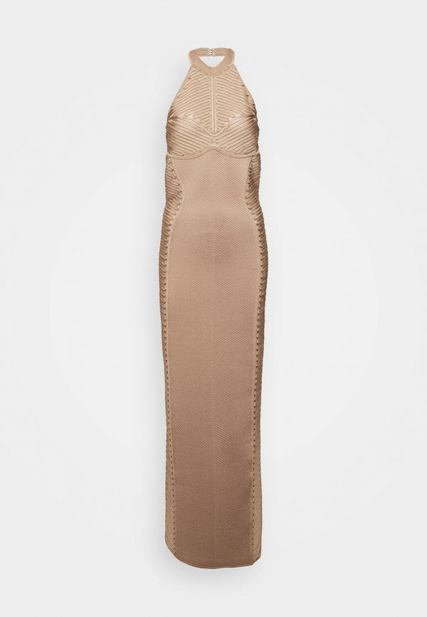 Hervé Léger LAW ROACH RIBBON EMBROIDERED HALTER GOWN