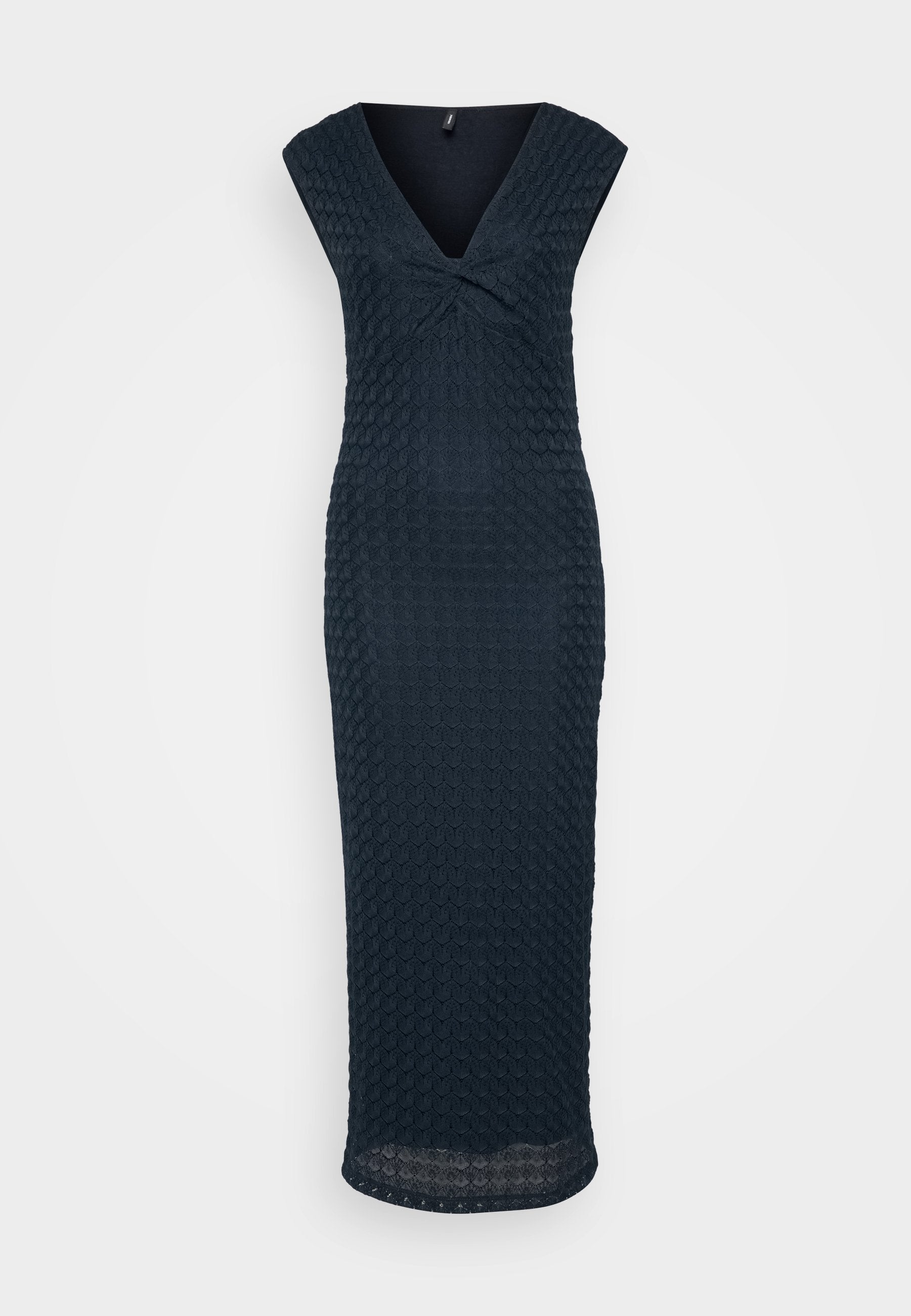 Knie-langes, dunkelblaues, strukturiertes Kleid mit V-Ausschnitt und kurzen Ärmeln. Verfügt über ein gedrehtes Detail an der Vorderseite und einen geraden Saum.