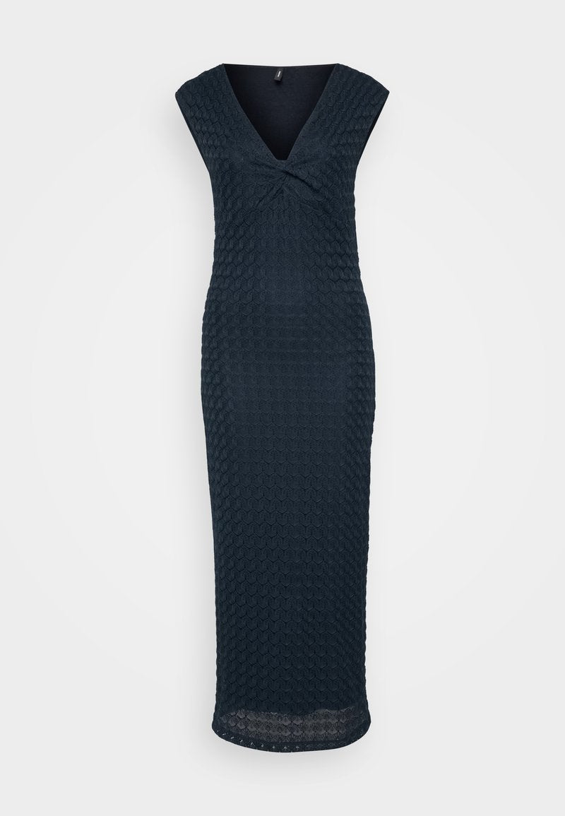 Knie-langes, dunkelblaues, strukturiertes Kleid mit V-Ausschnitt und kurzen Ärmeln. Verfügt über ein gedrehtes Detail an der Vorderseite und einen geraden Saum.