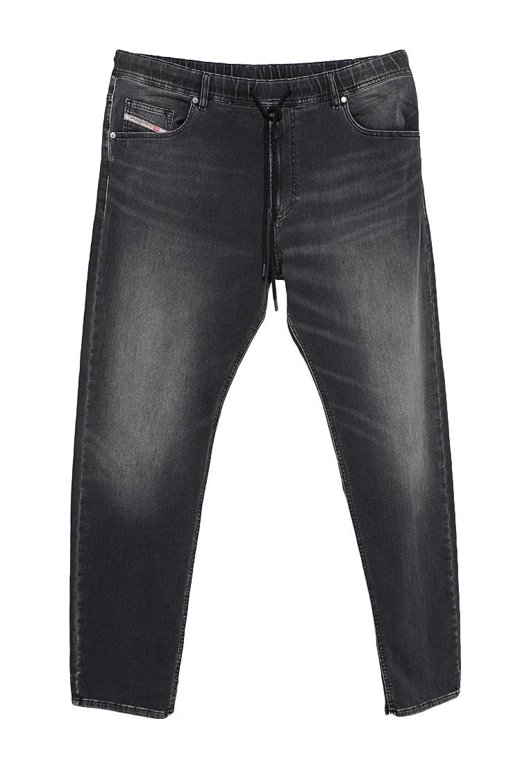 Schwarze Denim-Jogginghose mit elastischem Bund, Kordelzug und vorderen Taschen; mit verblassten Stellen und einem zulaufenden Bein-Design.