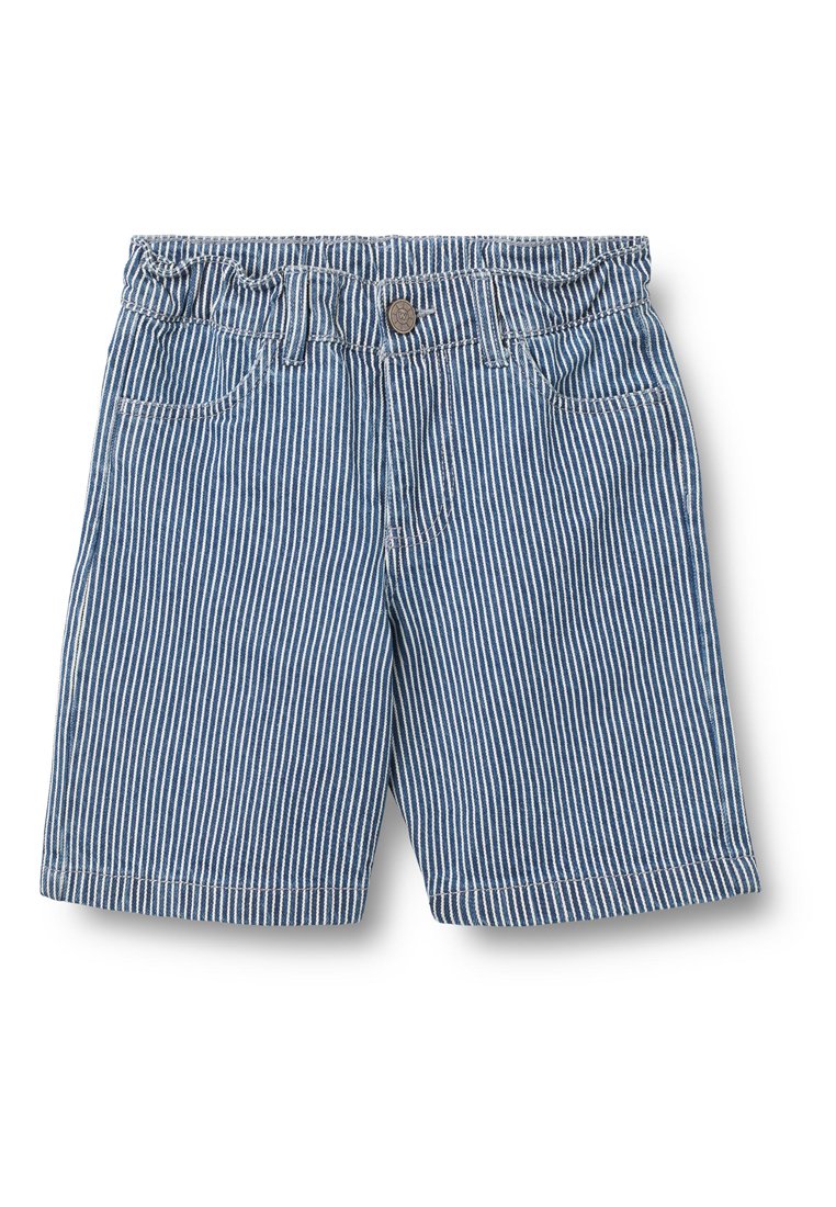 Blau-weiß gestreifte Shorts mit Knopfverschluss, elastischem Bund, zwei Vordertaschen und geraden Beinen. Baumwollmaterial.