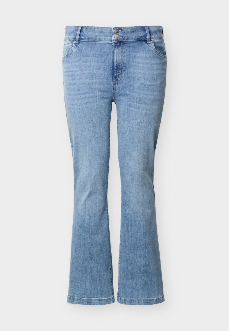 Hellblaue Jeans aus Denim mit ausgestelltem Bein, doppelt knöpfbarem Verschluss, Vordertaschen und dezentem Verblassen an den Oberschenkeln.