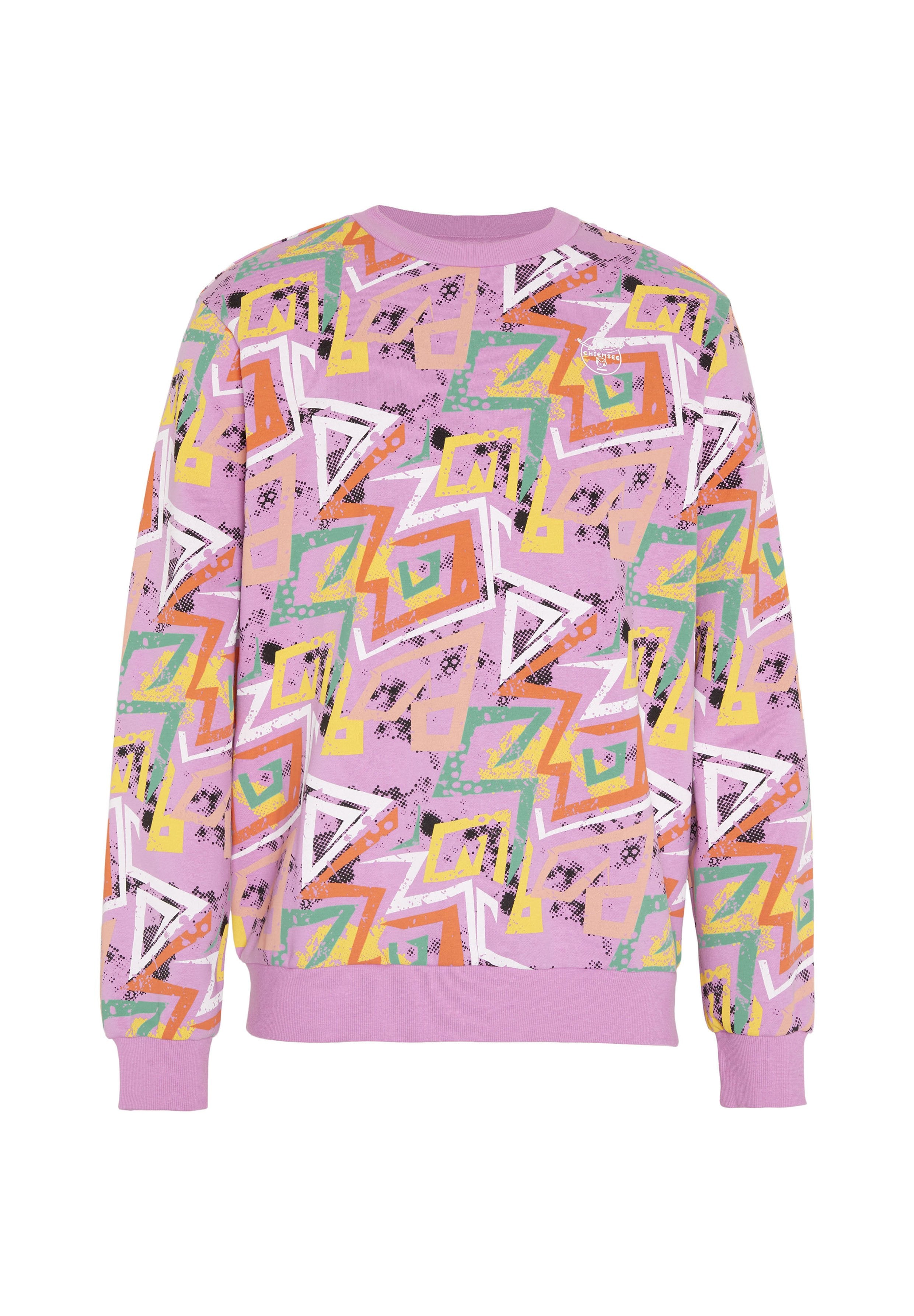 Lila Sweatshirt mit langen Ärmeln und bunten abstrakten geometrischen Formen in Orange, Gelb, Grün, Weiß und Schwarz über den gesamten Stoff.