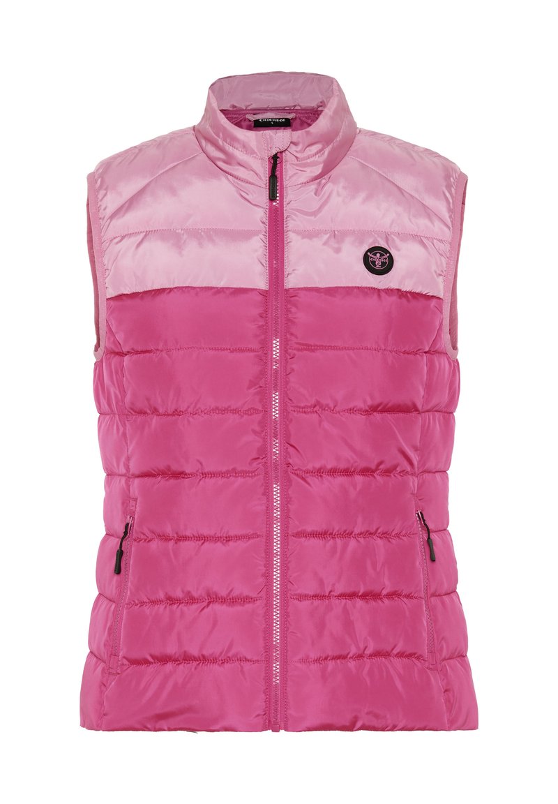 Gepolsterte rosa Weste mit hohem Kragen, Reißverschluss vorne und zwei seitlichen Reißverschluss-Taschen. Sie verfügt über einen kontrastierenden hellrosa oberen Abschnitt.