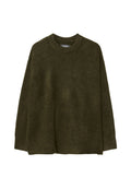 Olivgrüner Pullover mit Rundhalsausschnitt, aus weichem Strickstoff gefertigt. Bietet eine lässige Passform, lange Ärmel und gerippte Bündchen.