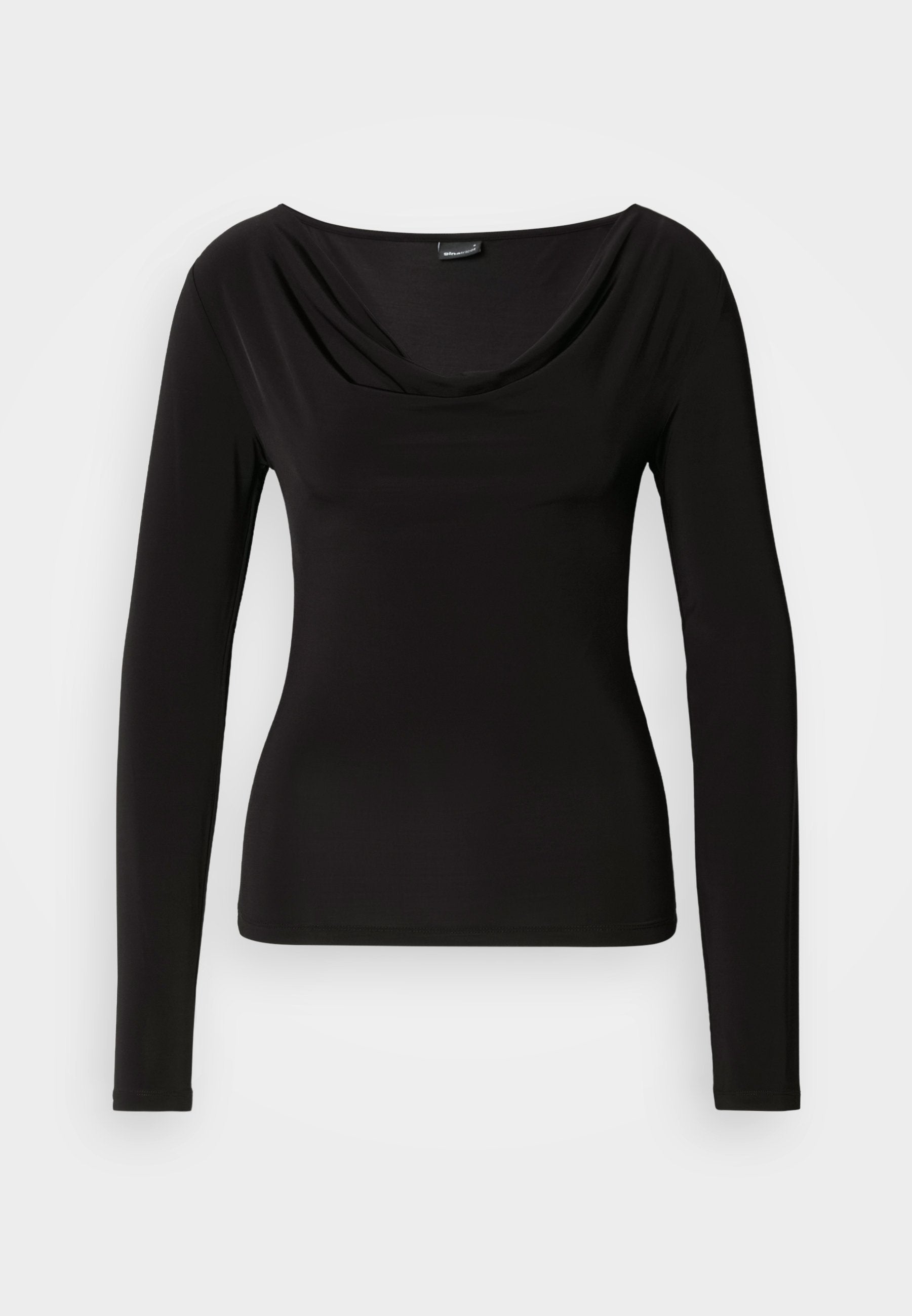Schwarzes Langarmoberteil mit einem drapierten Cowl-Halsausschnitt, aus weichem Stoff gefertigt, mit einer taillierten Passform und minimalen Nähten für ein glattes Erscheinungsbild.