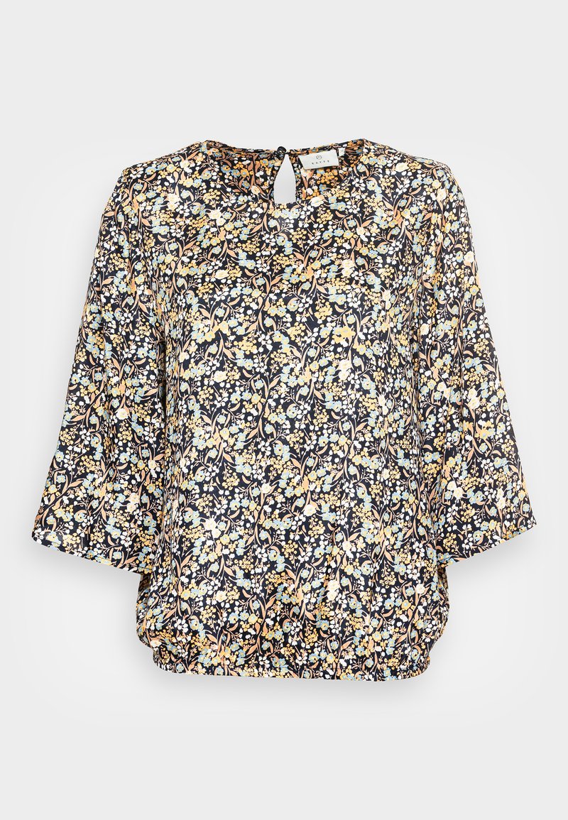 Blumenbluse mit dunklem Hintergrund, mit blauen und gelben Blumen, runder Halslinie, dreiviertel Ärmeln und einem Schlüssel-Detail am Rücken.