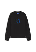 Schwarzes Sweatshirt mit Rundhalsausschnitt und langen Ärmeln, mit blauer Grafik "Hugo" auf der Brust, die als tropfendes Smiley-Gesicht angeordnet ist.