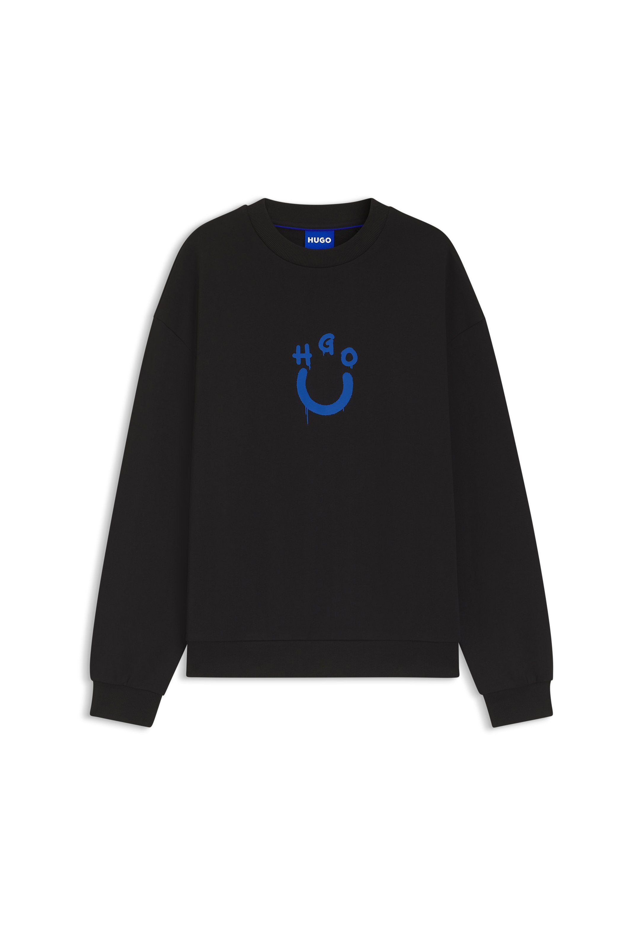 Schwarzes Sweatshirt mit Rundhalsausschnitt und langen Ärmeln, mit blauer Grafik "Hugo" auf der Brust, die als tropfendes Smiley-Gesicht angeordnet ist.