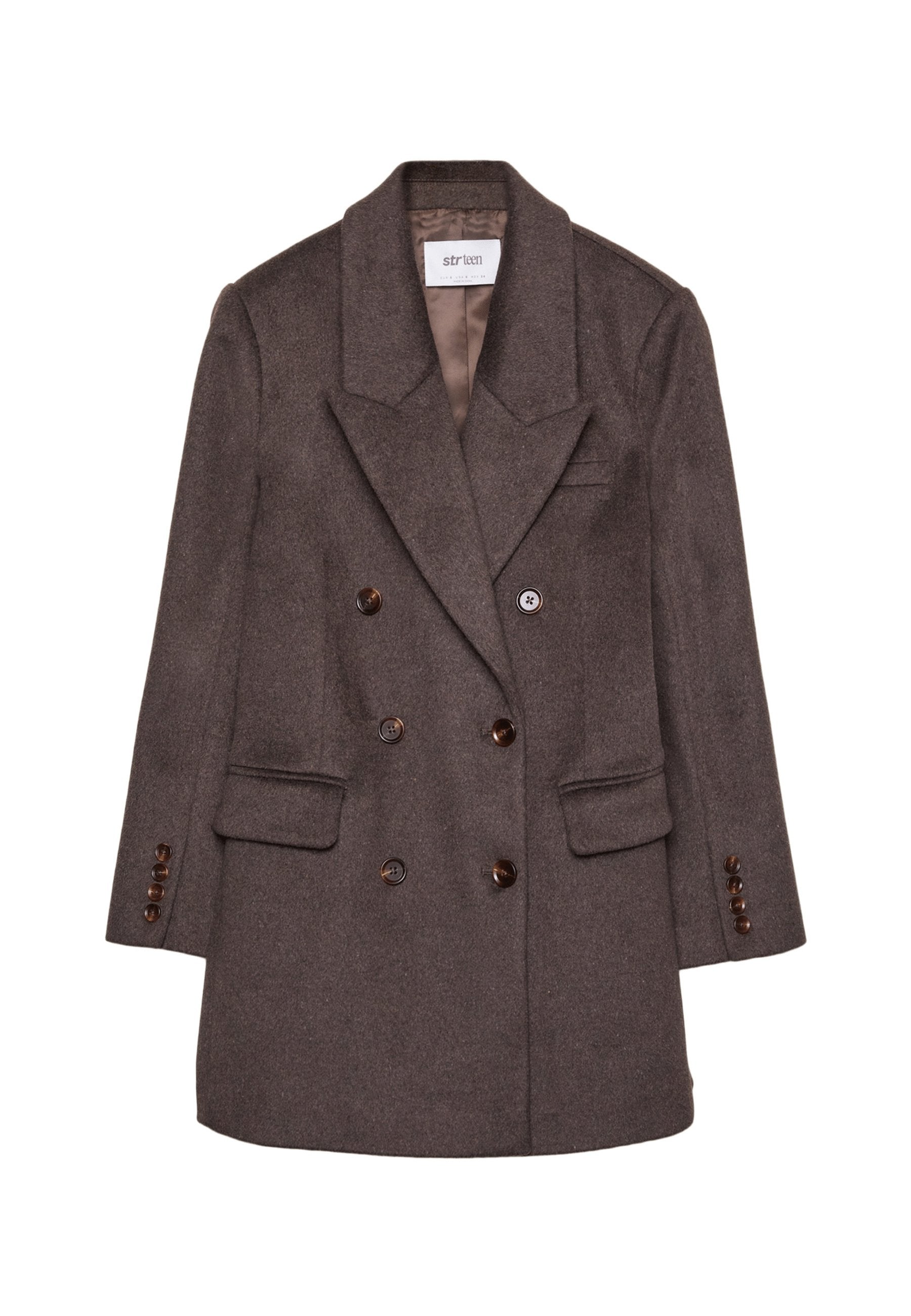 Dunkelbrauner Wollblazer mit doppelter Brust, großen Revers, vier vorderen Knöpfen und zwei seitlichen Taschen. Glattes Innenfutter.