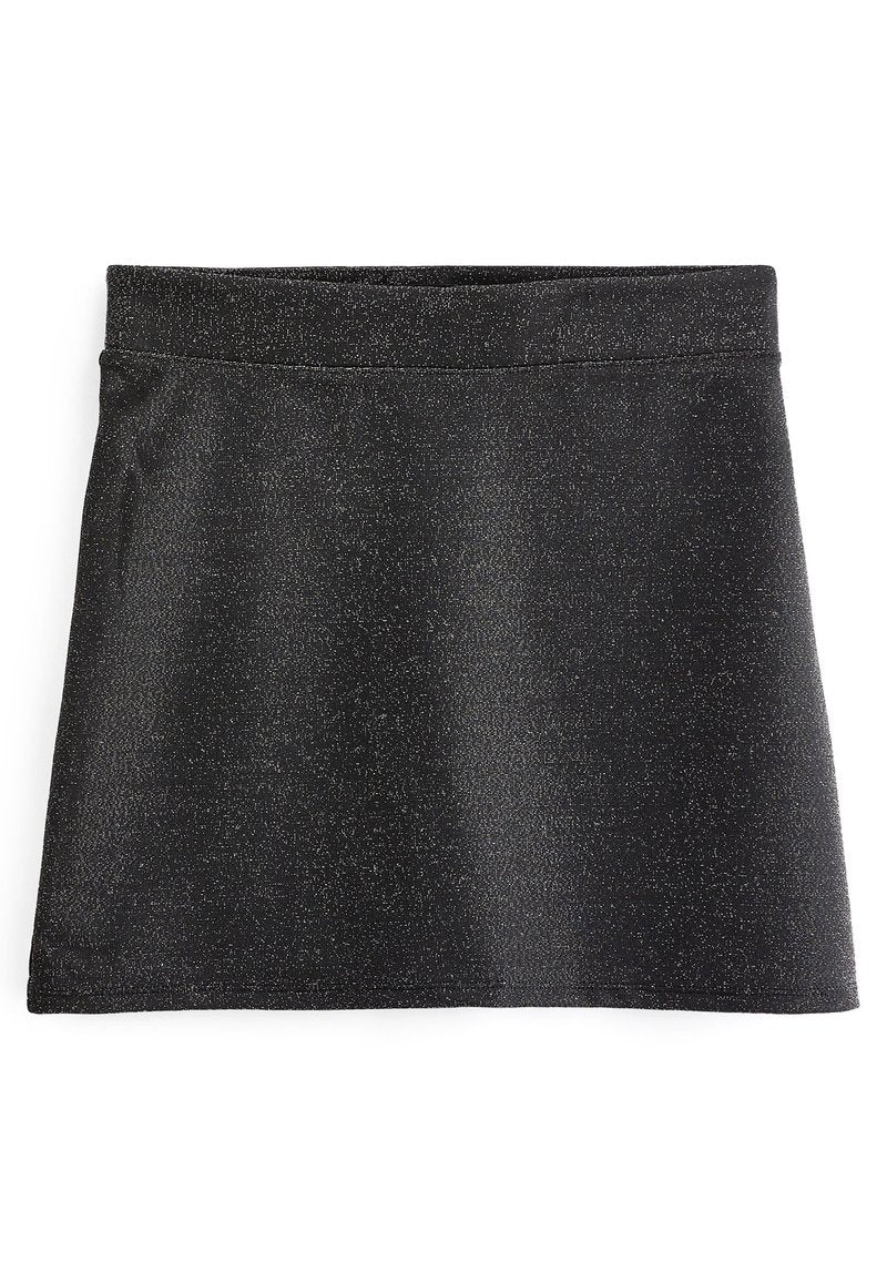 Schwarzer Minirock aus einem strukturierten Material mit einem subtilen schimmernden Effekt. Verfügt über einen glatten Bund und keine zusätzlichen Verzierungen.