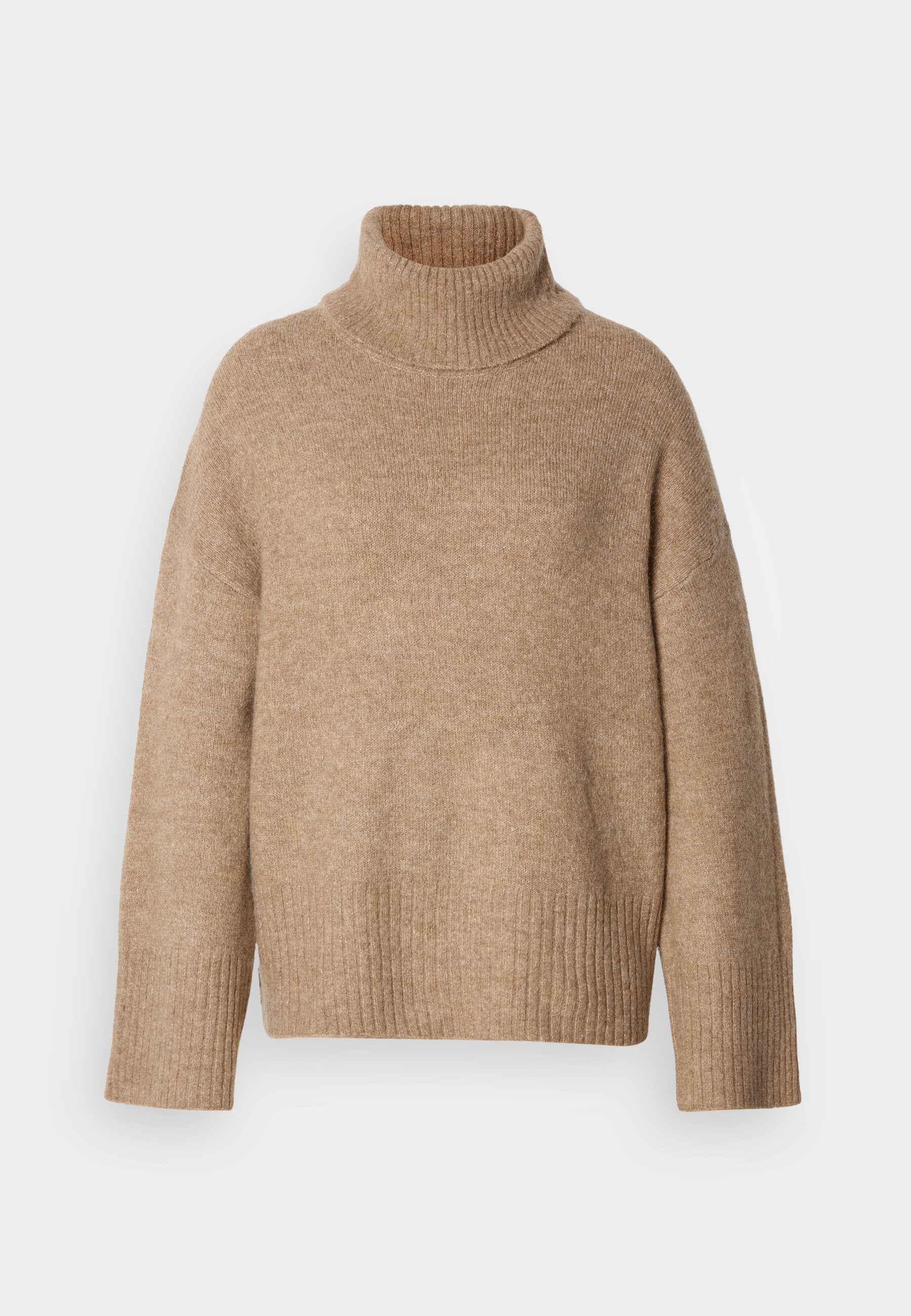Beiger Rollkragenpullover aus weichem Strickstoff. Verfügt über einen gerippten Kragen und Bündchen, mit einer entspannten Passform und angesetzten Schulternähten.