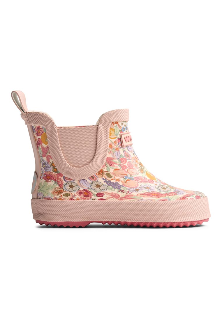 Pinkfarbener wasserdichter Knöchelstiefel mit floralem Muster, strukturiertem Obermaterial, Gummisohle und Zuglasche. Verfügt über einen gepolsterten Kragen und eine profilierte Außensohle.