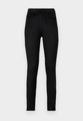 Schwarze Leggings aus weichem, dehnbarem Stoff, mit hohem Taillenbund und schmaler Passform. Glatte Textur ohne sichtbare Muster oder Verzierungen.