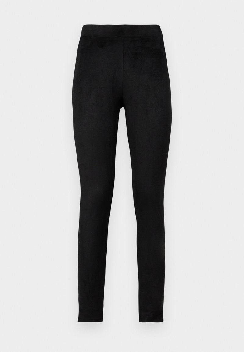 Schwarze Leggings aus weichem, dehnbarem Stoff, mit hohem Taillenbund und schmaler Passform. Glatte Textur ohne sichtbare Muster oder Verzierungen.