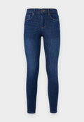 Dunkelblaue, enge Jeans mit hoher Taille, klassischem Fünf-Taschen-Design, dezenten Kontrastnähten und einem Metallknopfverschluss.