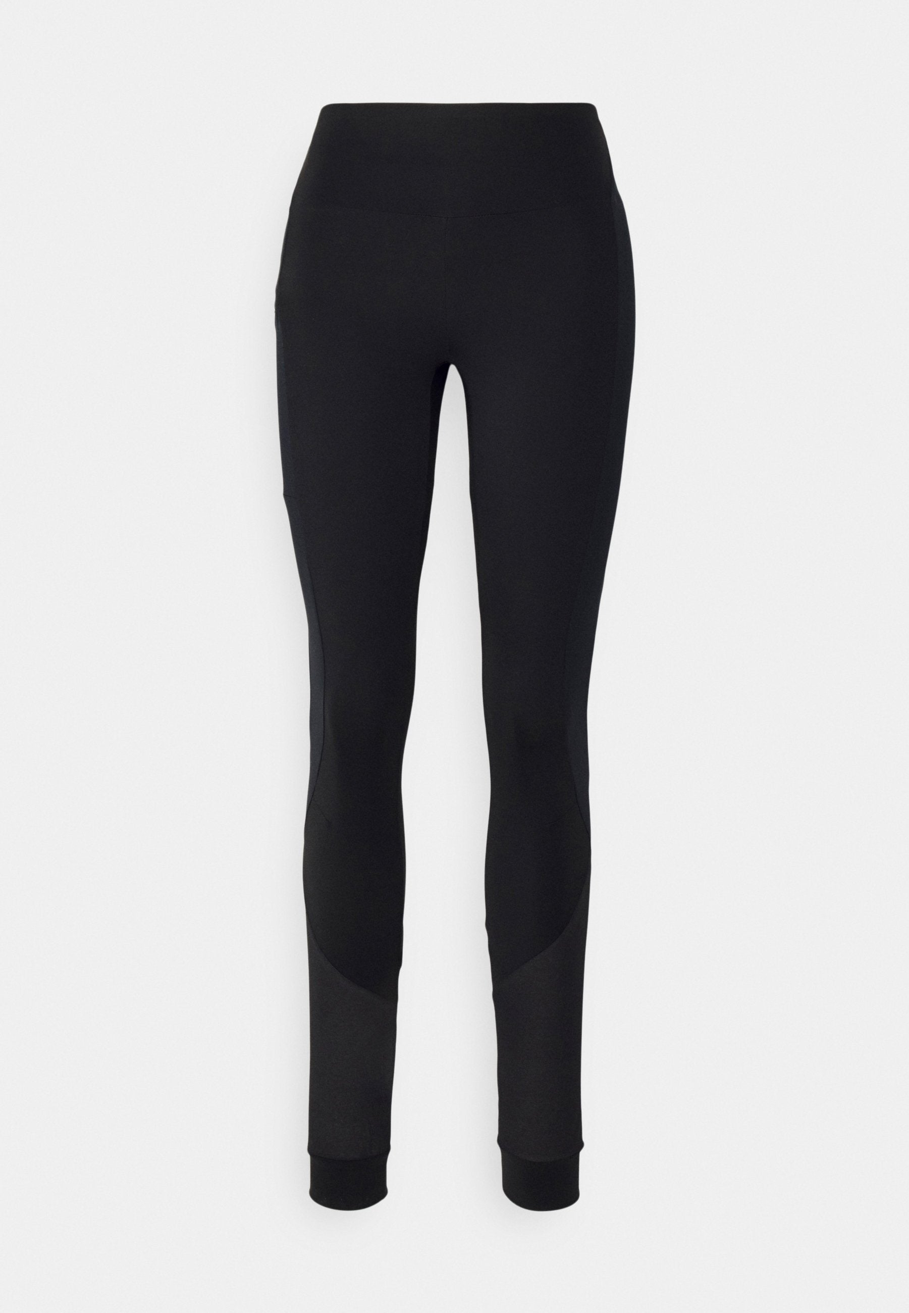 Schwarze Sportleggings mit glatter Textur, mittelhohem Bund und schmal zulaufender Passform, ausgestattet mit Einsätzen für zusätzliche Flexibilität und Stil.