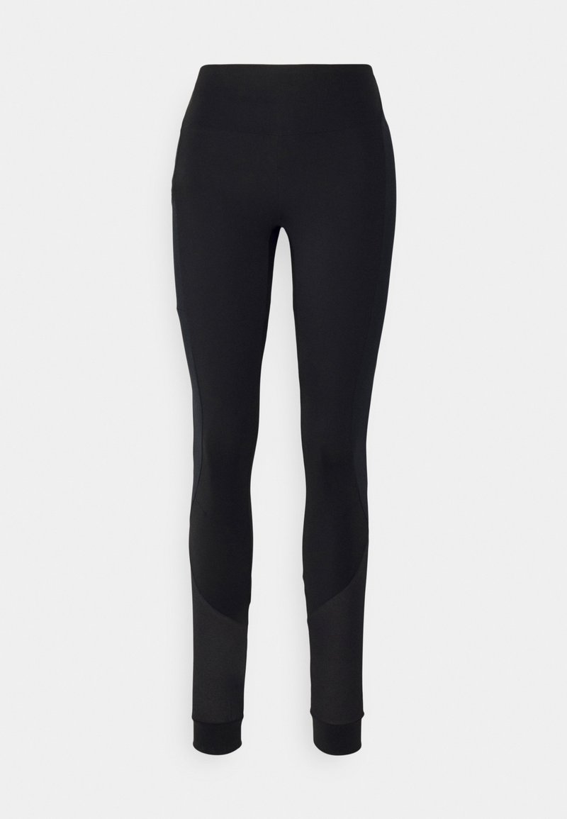 Schwarze Sportleggings mit glatter Textur, mittelhohem Bund und schmal zulaufender Passform, ausgestattet mit Einsätzen für zusätzliche Flexibilität und Stil.