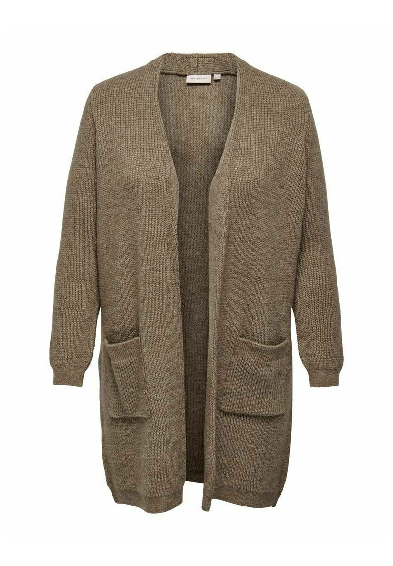 Langer, offener Cardigan aus strukturiertem Strickstoff in einer gedämpften olivgrünen Farbe. Verfügt über zwei Vordertaschen und gerippte Bündchen.
