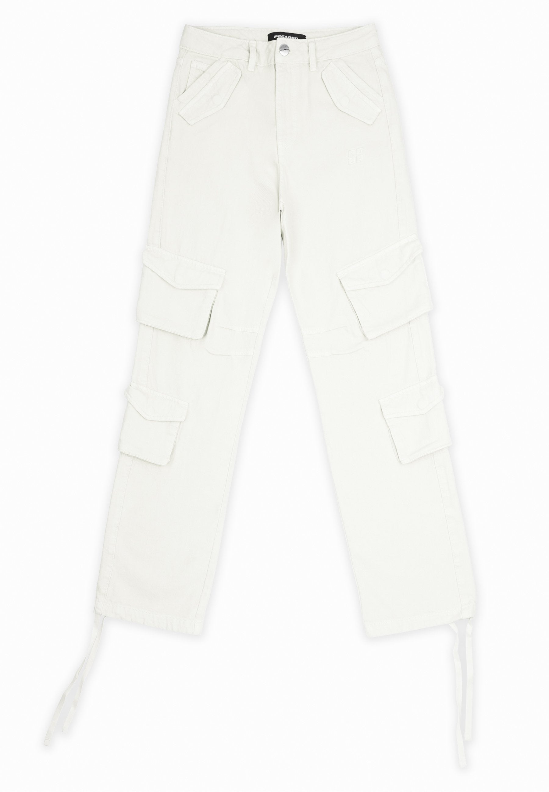 Weiße Cargo-Hosen mit mehreren Seitentaschen, weitem Schnitt, verstellbaren Kordelzugabschlüssen und einem klassischen Knopfverschluss an der Taille.