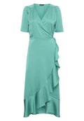 Türkises Wickelkleid mit kurzen Ärmeln, gerafftem Saum und glattem Stoff. Mit einem Bindegurt in der Taille für eine verstellbare Passform.