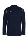 Marineblaues Jackett mit weißen Akzenten, durchgehender Reißverschluss, hoher Kragen, langen Ärmeln und Nike-Logo auf der Brust. Glatter Stoff, athletische Passform, minimalistisches Design.