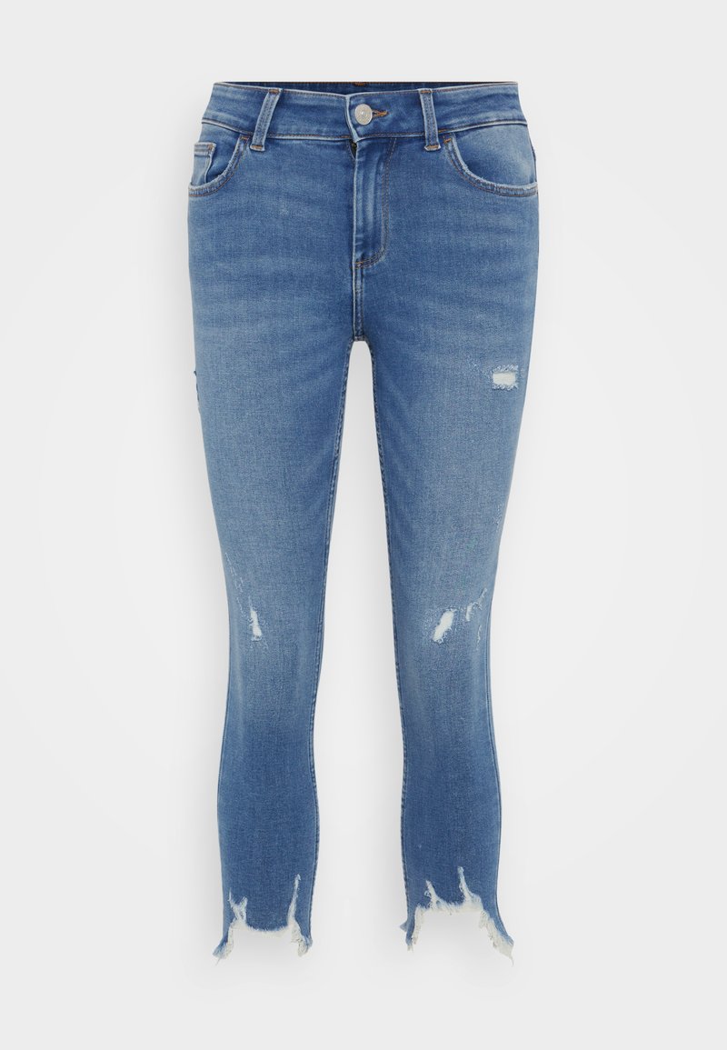 Blaue Denim-Jeans mit hoher Taille, ausgefransten Details an den Oberschenkeln und fransigen Säumen. Klassisches Fünf-Taschen-Design mit Knopfverschluss.