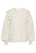 Cremfarbene Bluse mit schwarzen Punkten, runder Ausschnitt, Schlüsselverschluss hinten und Puffärmeln mit gerafften Manschetten. Weicher Baumwollmischstoff.