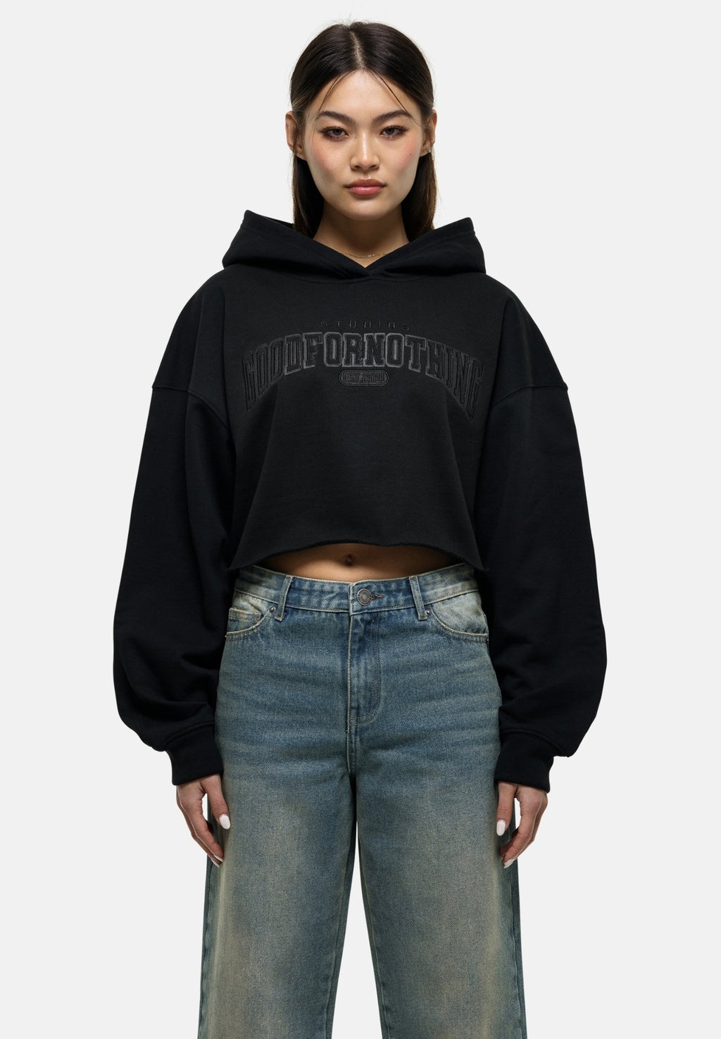 Good For Nothing FOCAL APPLIQUE BLACK CROPPED HOODIE
