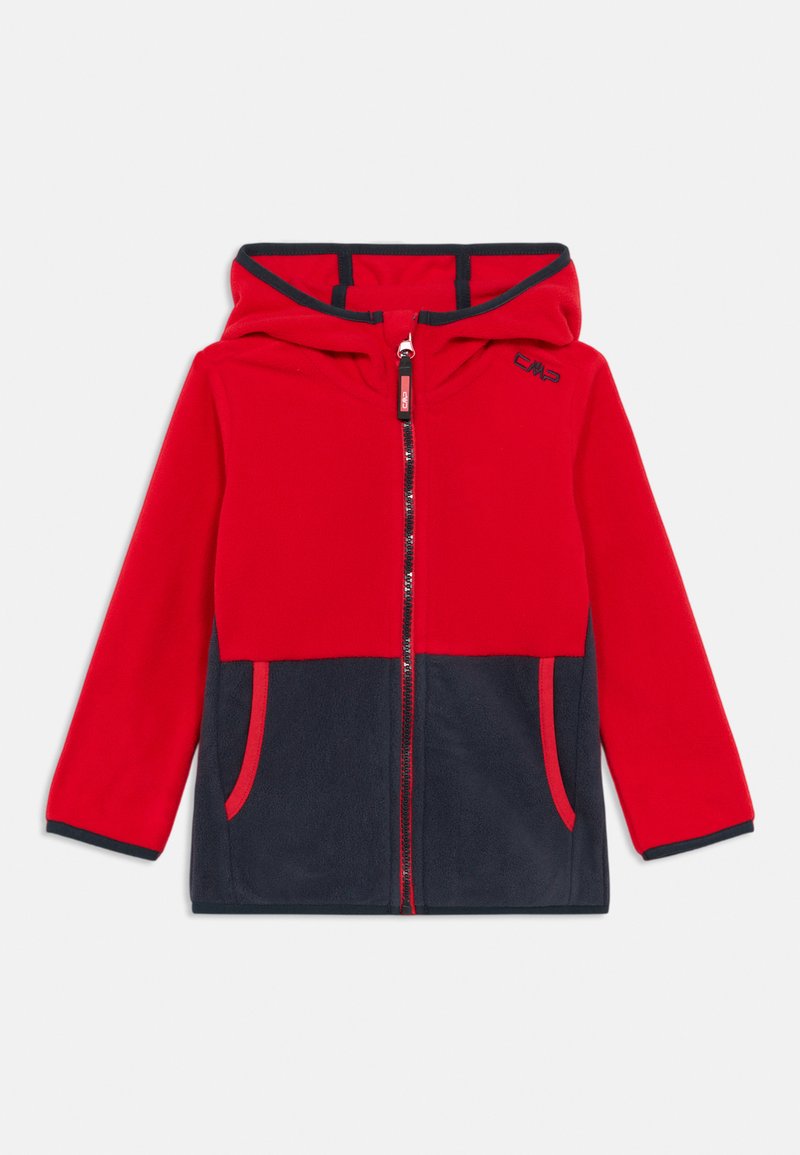 Roter und marineblauer Fleece-Hoodie mit Frontreißverschluss, zwei Seitentaschen und Kapuze. Verfügt über kontrastierende Farben und ein Logo im Bereich des Halsansatzes.