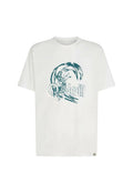 Weißes Baumwoll-T-Shirt mit einem grafischen Aufdruck eines Surfers und dem Wort "O'Neill" in Blaugrün, mit rundem Ausschnitt und kurzen Ärmeln.