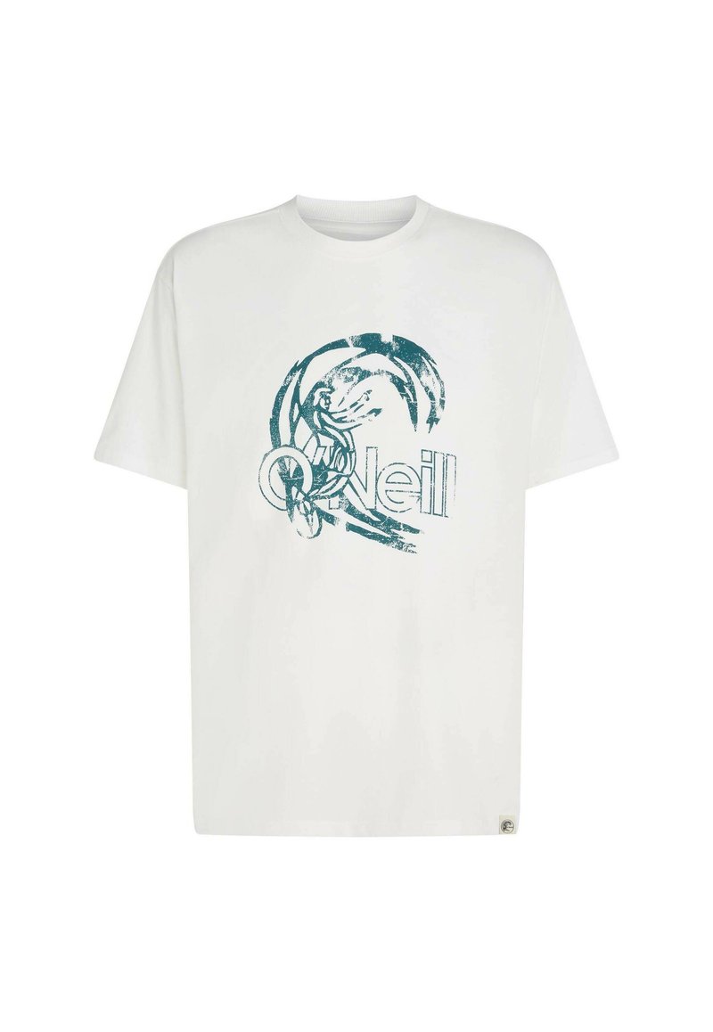 Weißes Baumwoll-T-Shirt mit einem grafischen Aufdruck eines Surfers und dem Wort "O'Neill" in Blaugrün, mit rundem Ausschnitt und kurzen Ärmeln.